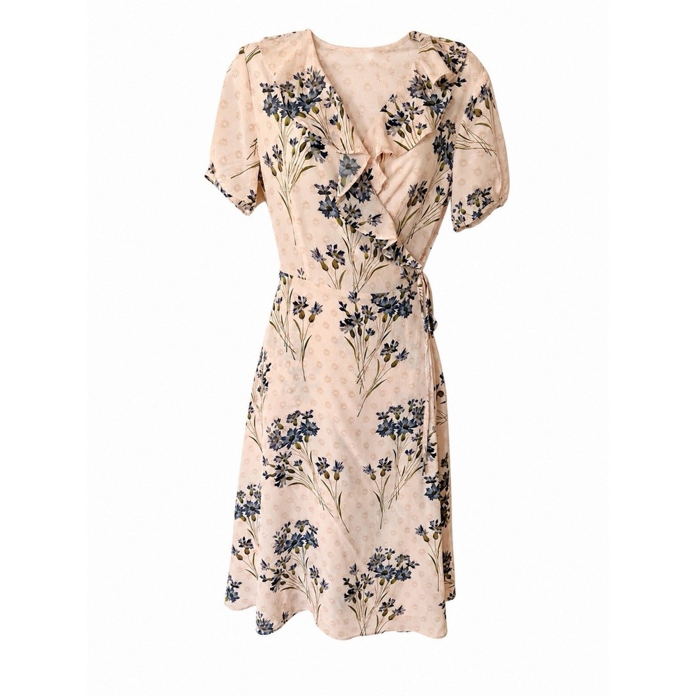 Fibflx 100% Silk Floral Wrap Dress Pink Blue Ruffle V-Neck Midi M Cottagecore